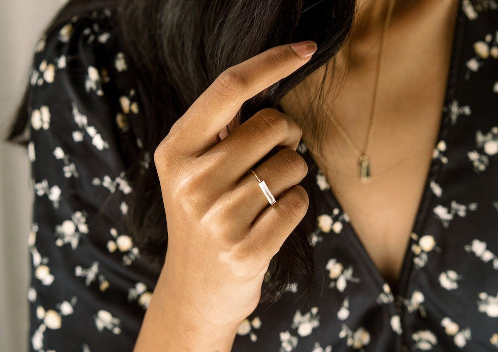 Lorena Long Crystal Baguette Ring - Gold