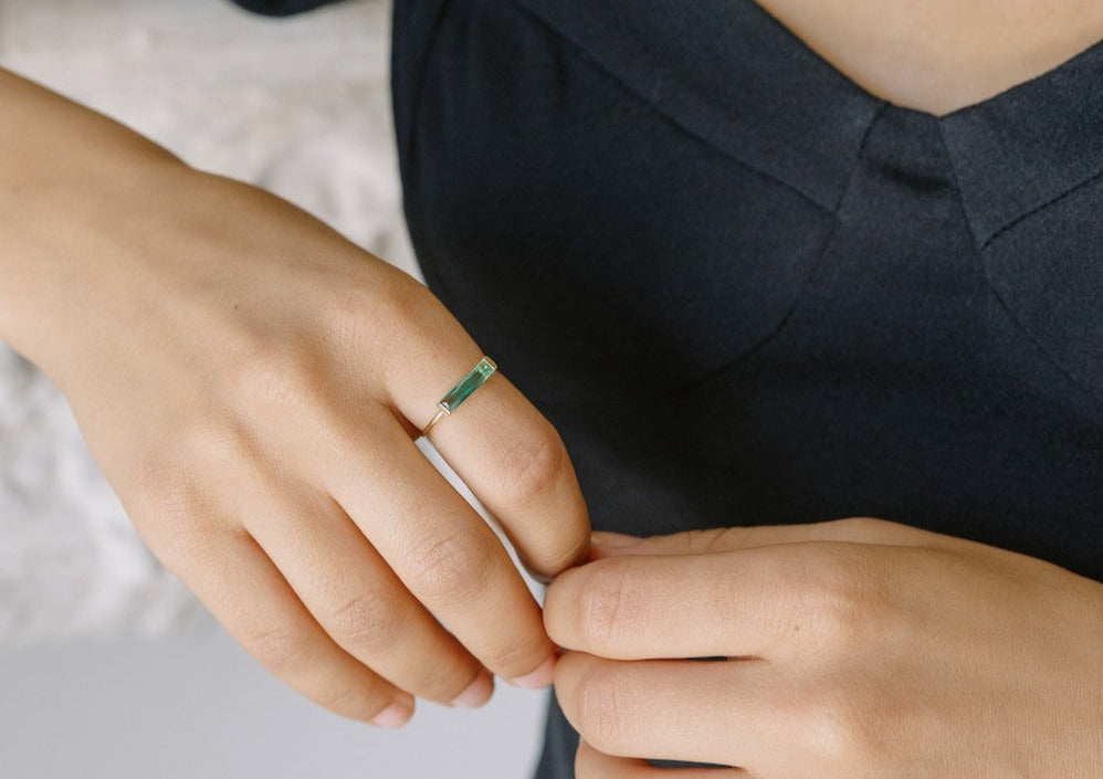 Green Long Crystal Baguette Ring - Gold