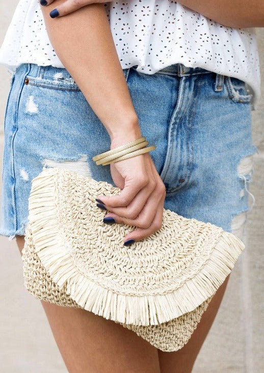 Frayed Fold-over Straw Clutch