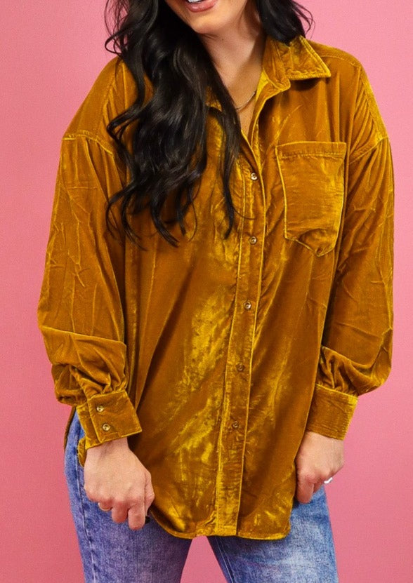 Feeling Free Velvet Button Down - Vintage Mustard