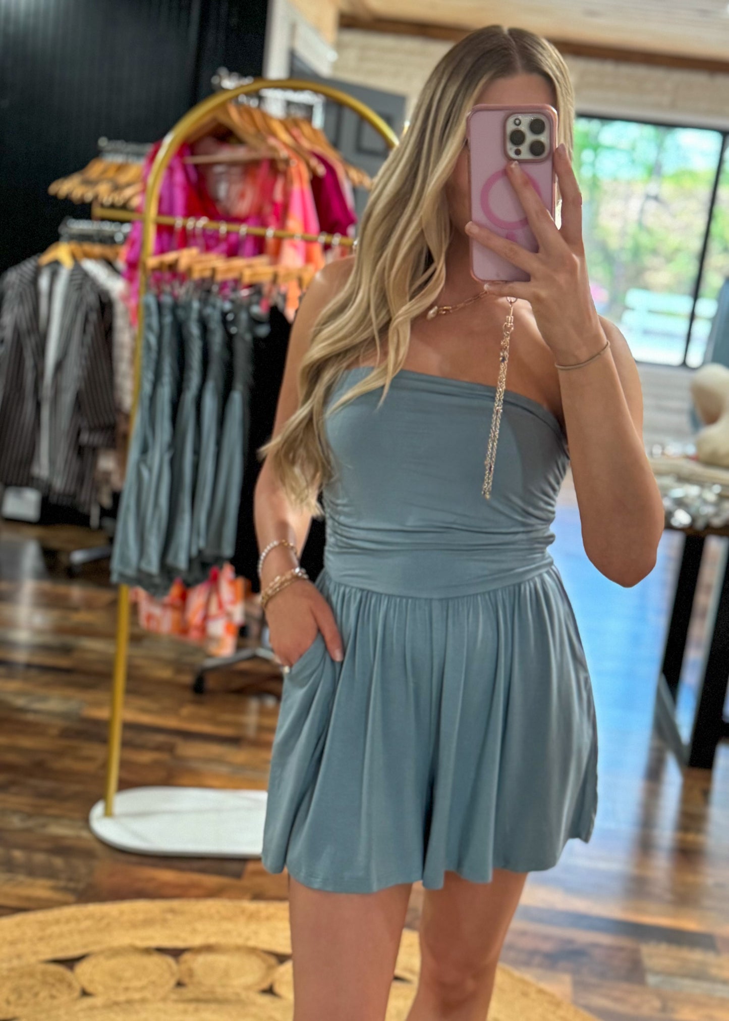 Weekend Wander Strapless Romper - Blue Grey