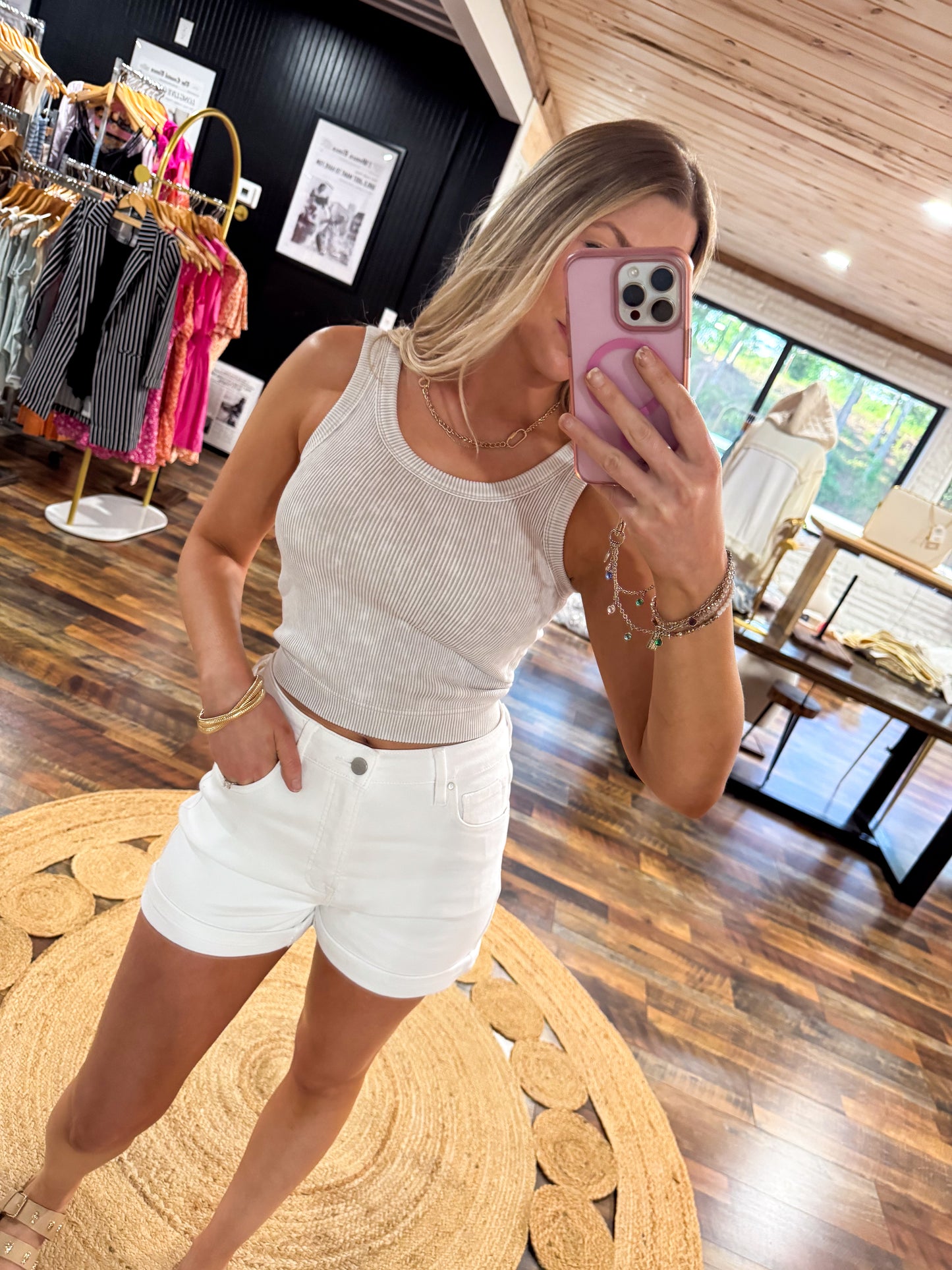 White Risen Cuff Shorts