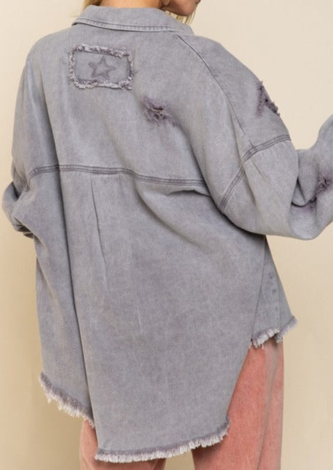 Demi Oversized Distressed Shacket - Gray