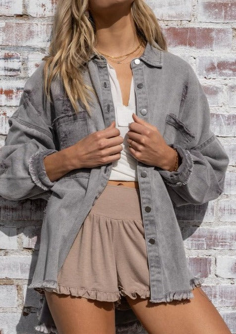 Demi Oversized Distressed Shacket - Gray