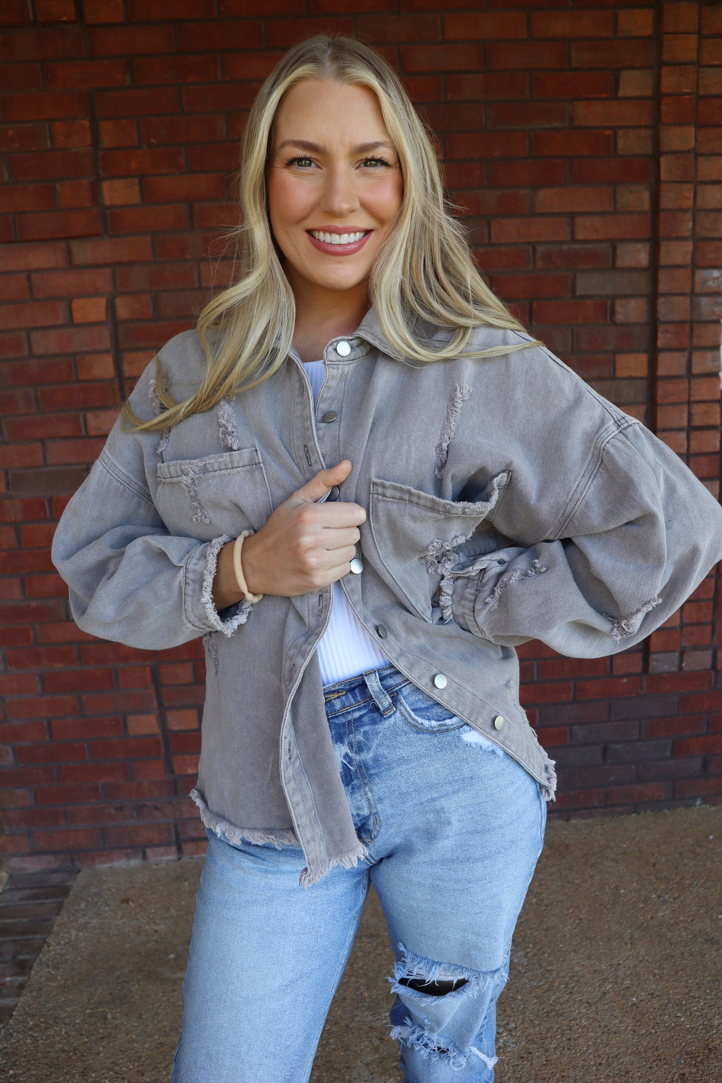 Demi Oversized Distressed Shacket - Gray