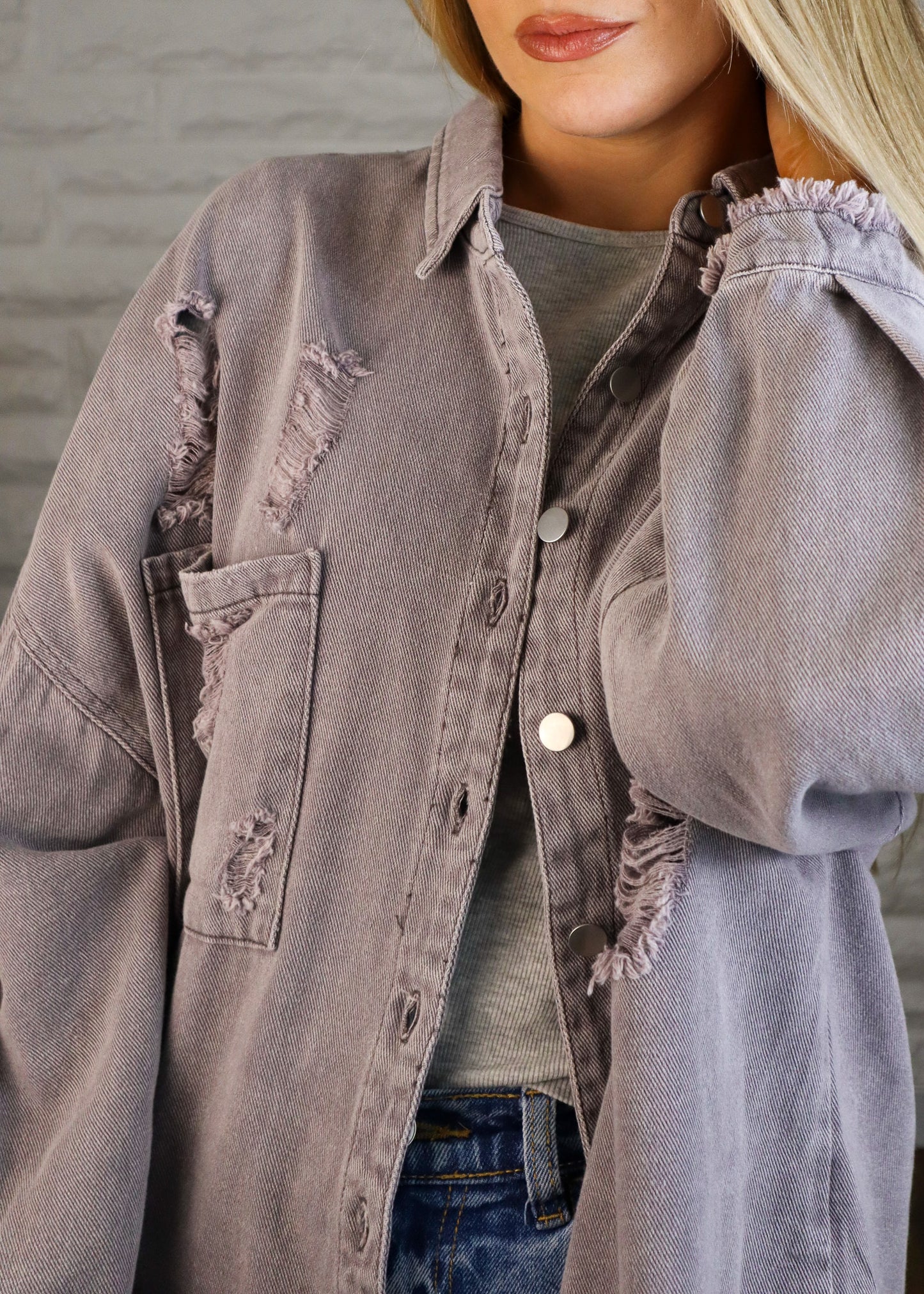 Demi Oversized Distressed Shacket Gray