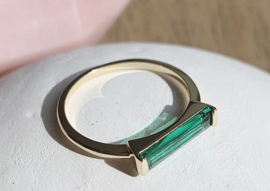 Green Long Crystal Baguette Ring - Gold