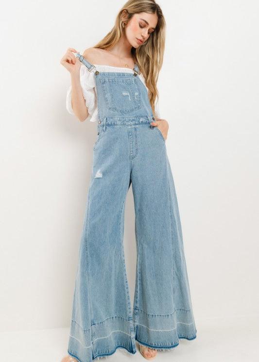 Wide Leg Distressed Denim Overalls