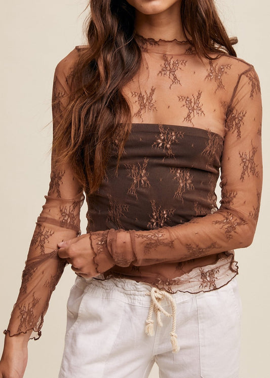 Love Lace Sheer Top - Mocha