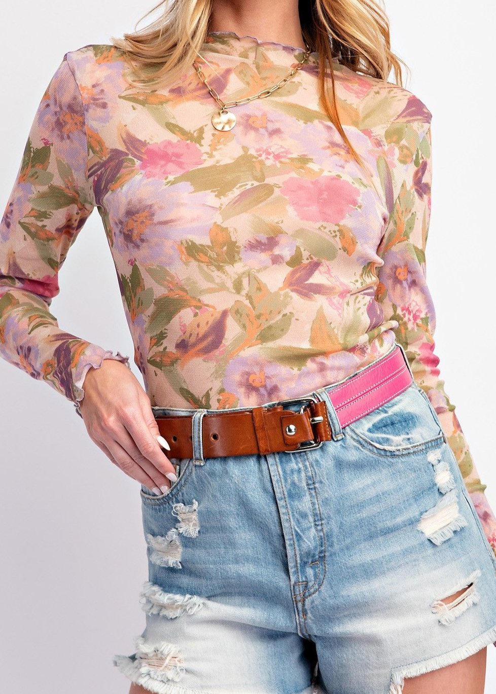 Kort Pink Floral Mesh Top