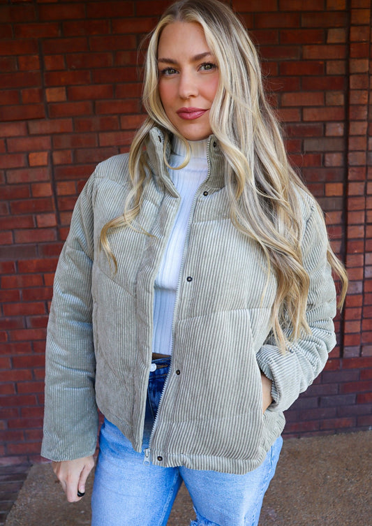 Codi Corduroy Puffer Jacket Sage