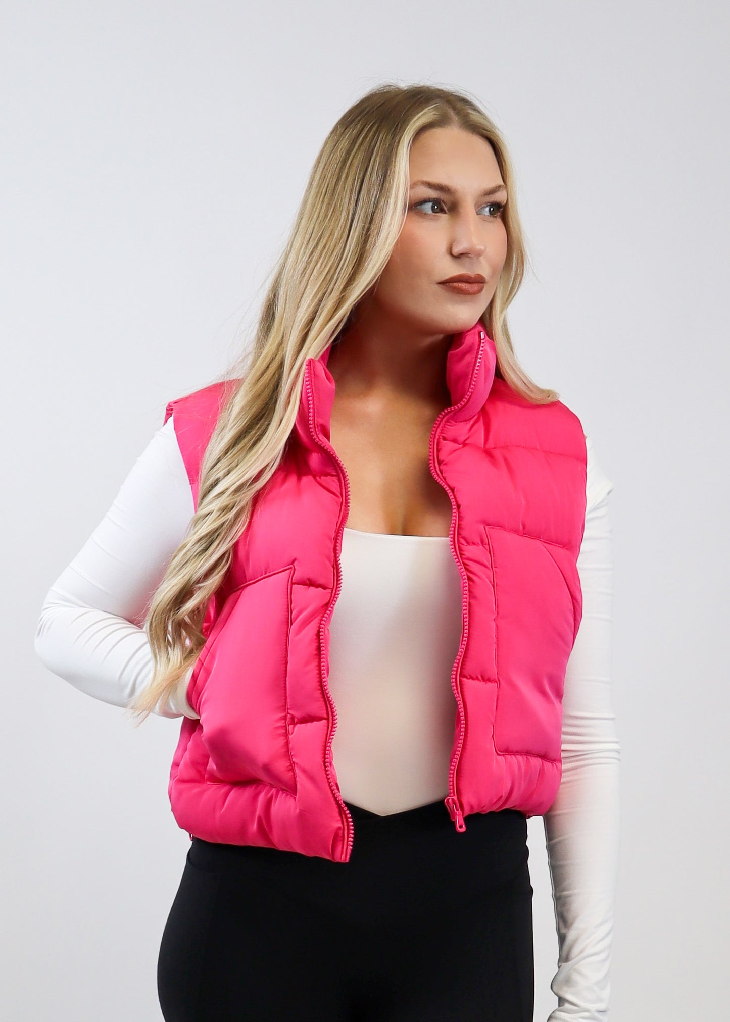 Tell Me The Tea Puffer Vest Fushia