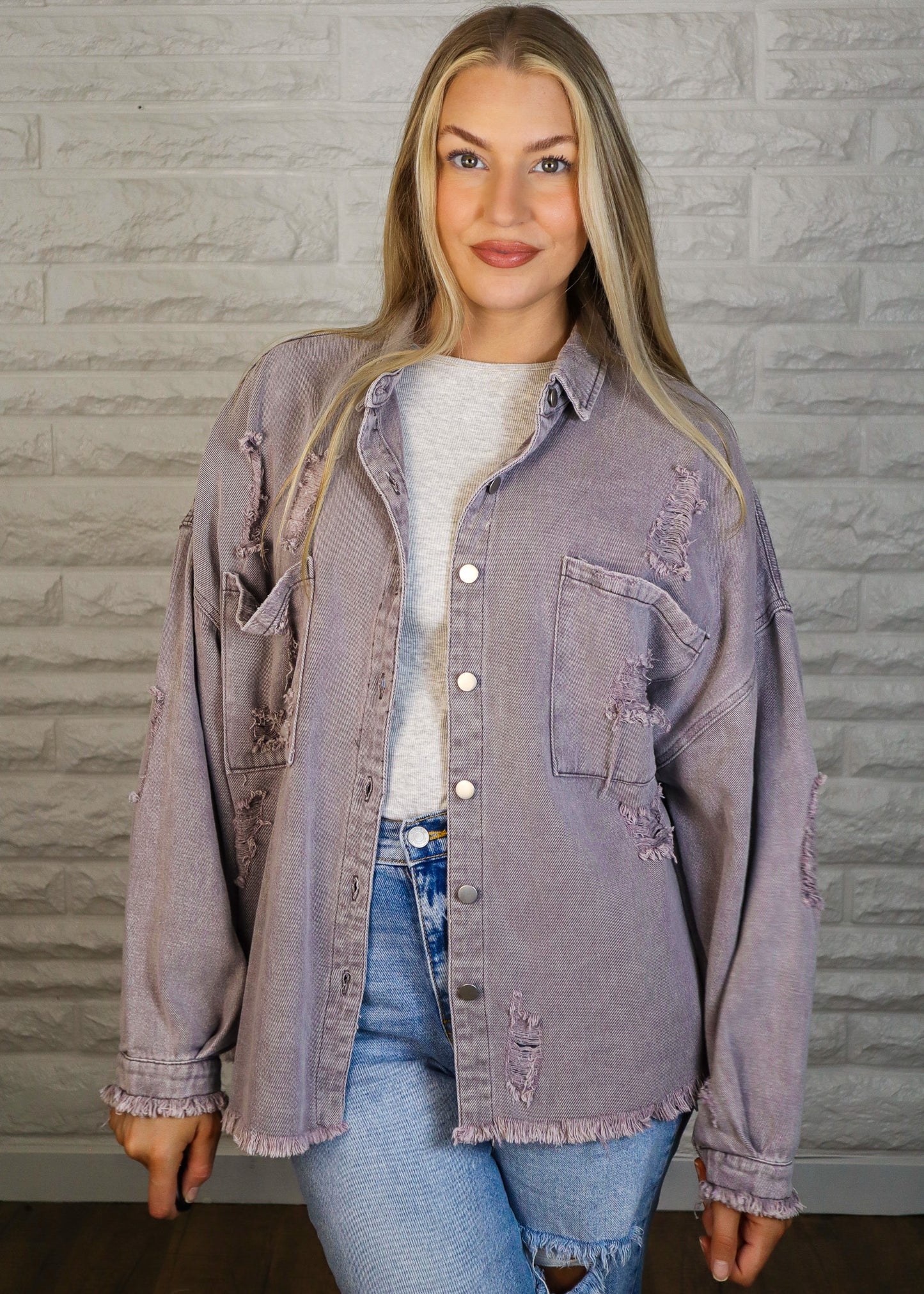 Demi Oversized Distressed Shacket Gray