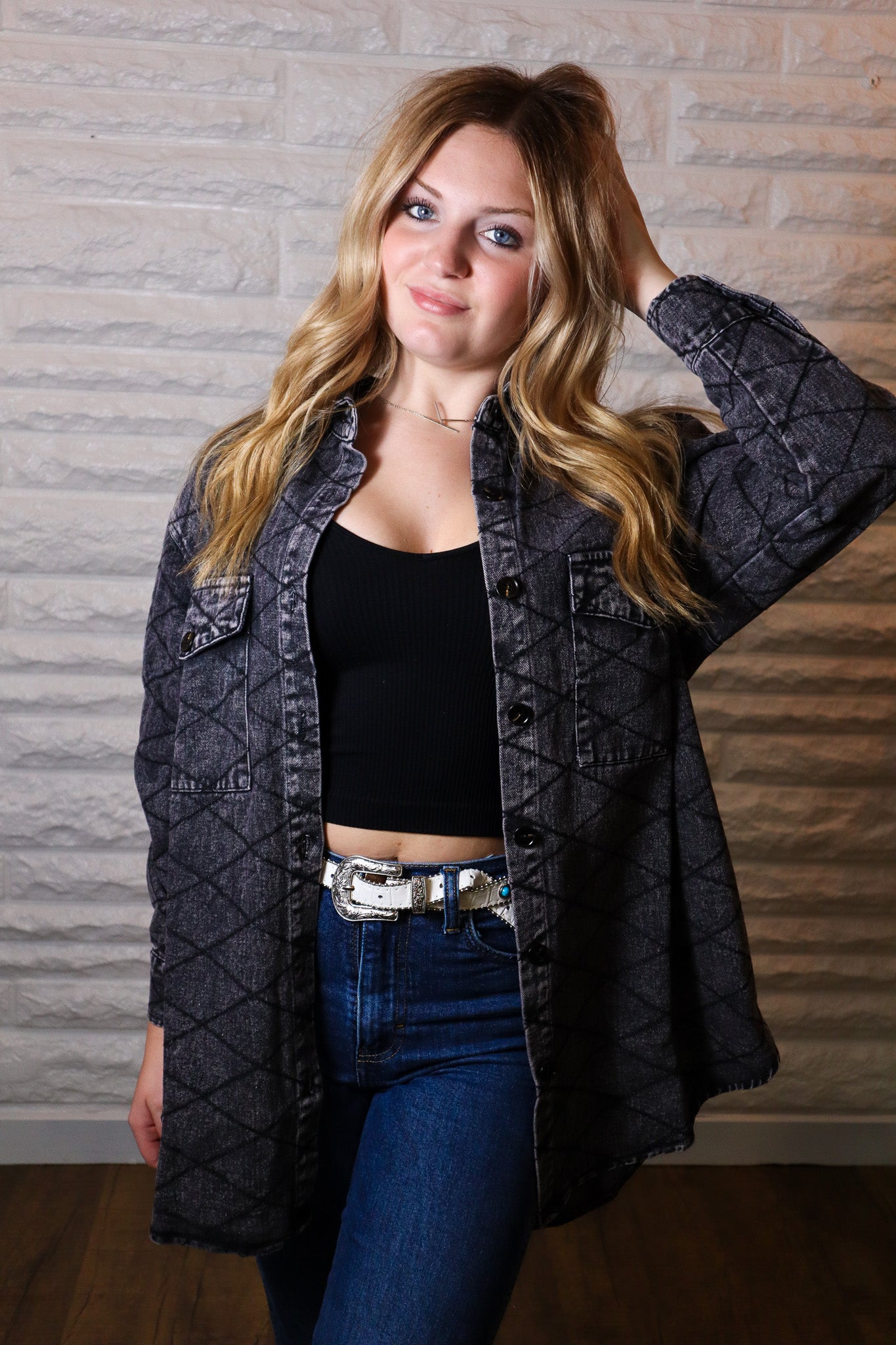 Dakota Quilted Denim Shacket Black