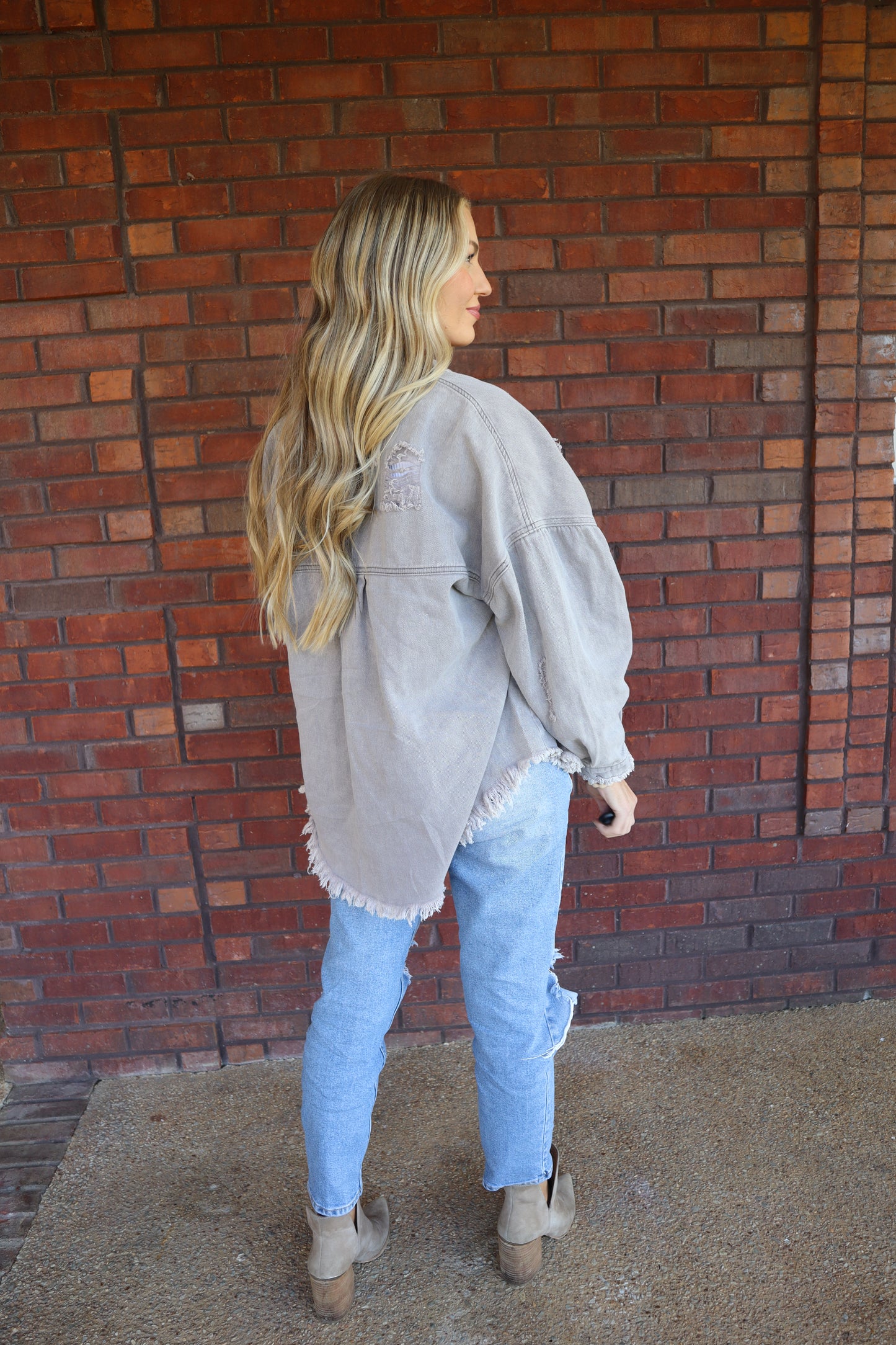 Demi Oversized Distressed Shacket - Gray