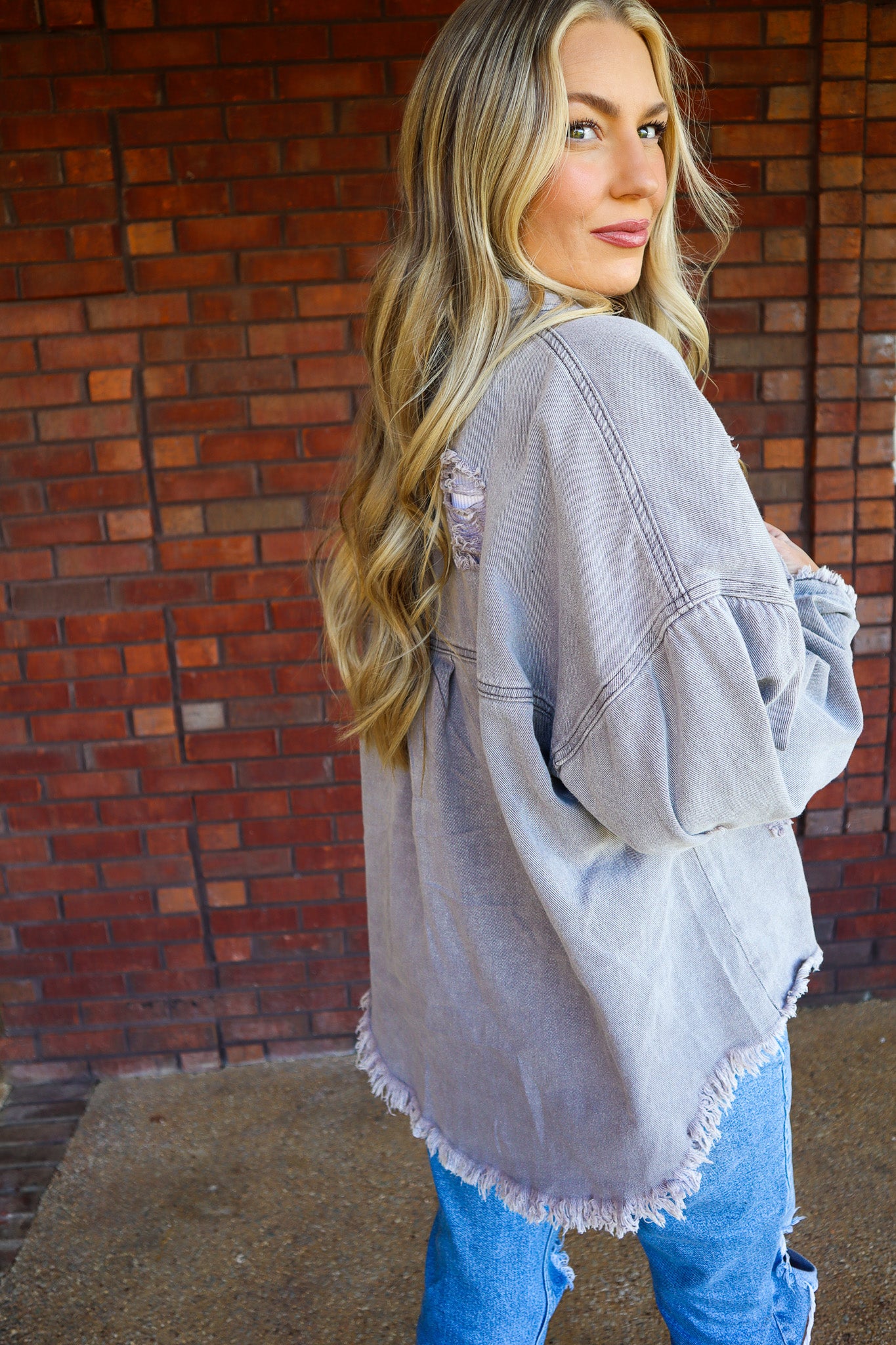 Demi Oversized Distressed Shacket Gray