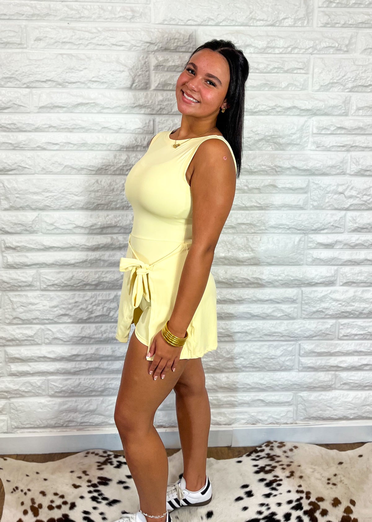 Madeline Wrap Tie Front Romper - Lemon