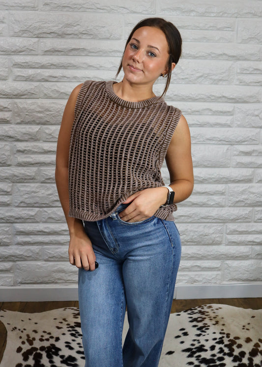 Darling Days Open Knit Sweater Vest - Brown