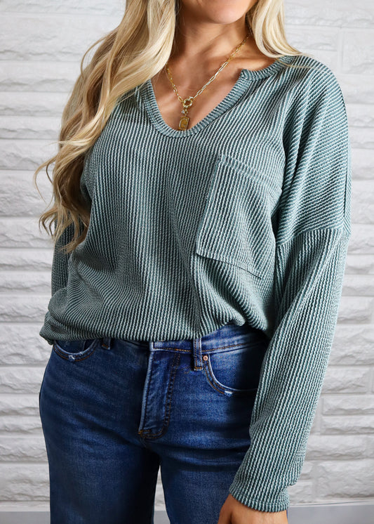 Essential Wave Ribbed Top - Dark Sage