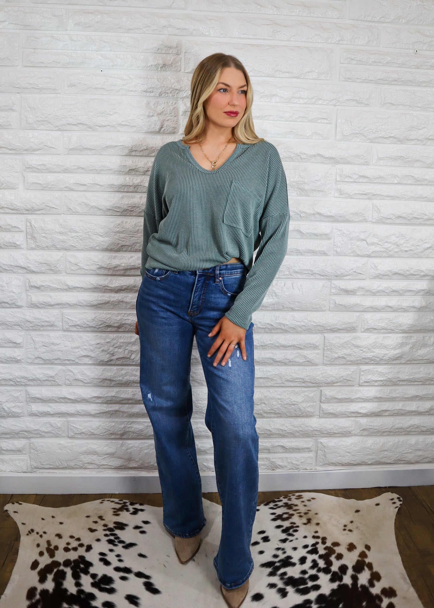 Essential Wave Ribbed Top - Dark Sage