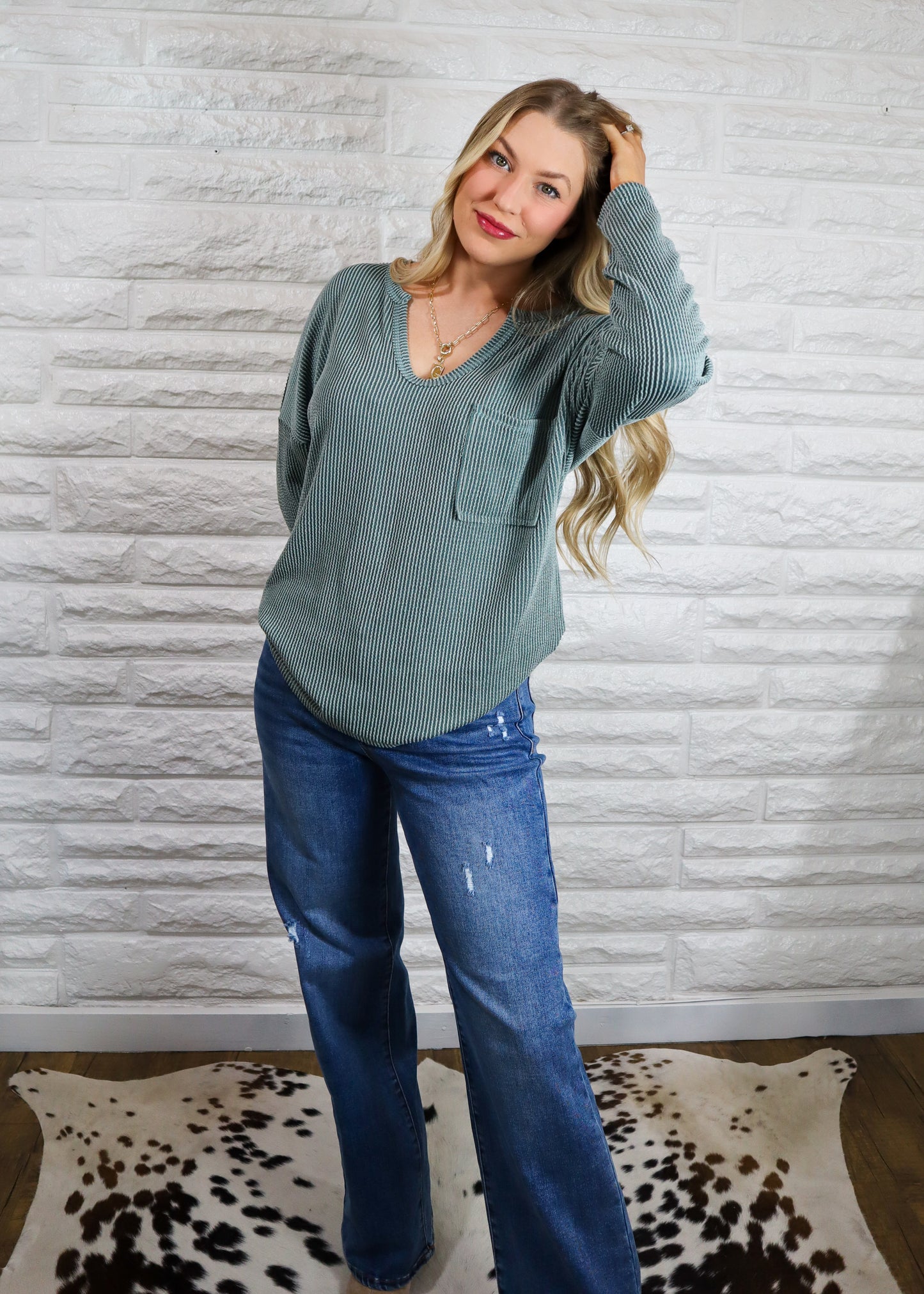 Essential Wave Ribbed Top - Dark Sage