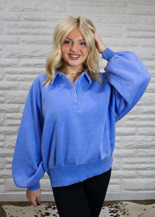 Finally Fall Acid Wash Pullover - Cornflower